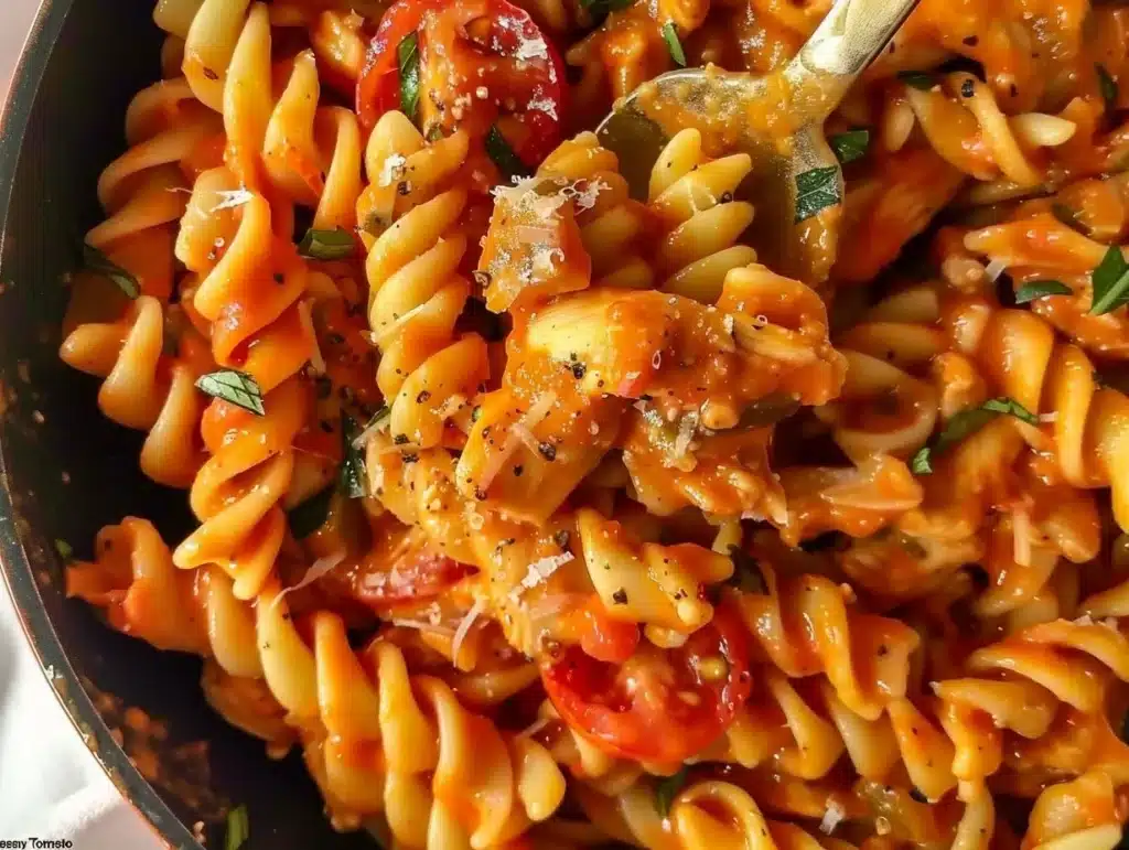 Bowl of creamy tomato chicken pasta garnished with herbs.
