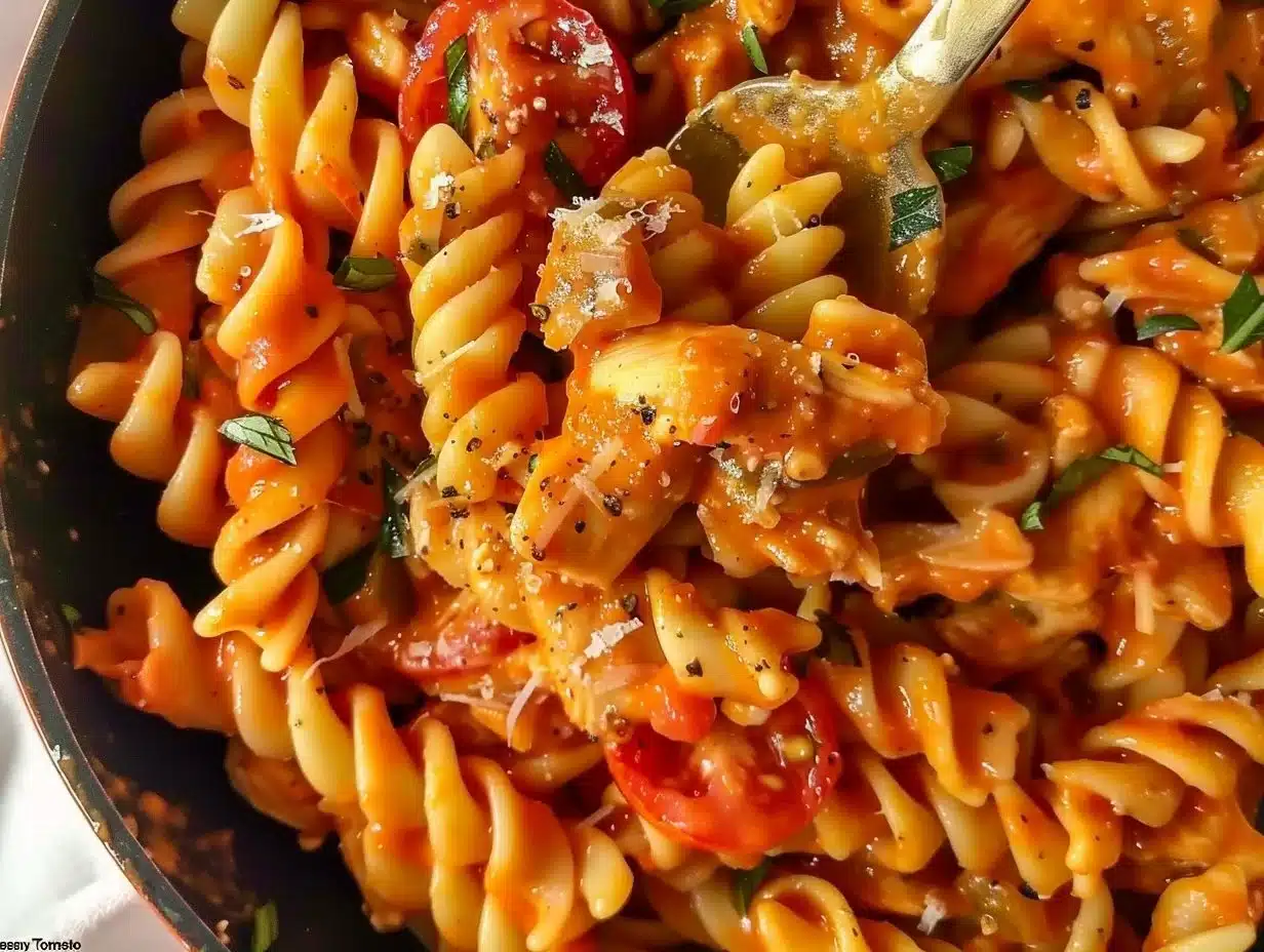 Creamy Tomato Chicken Pasta 1 Bowl of creamy tomato chicken pasta garnished with herbs.
