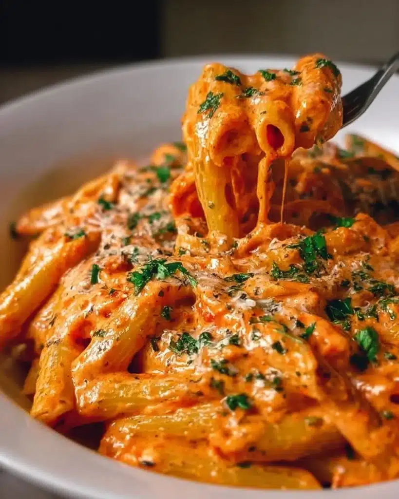 Creamy tomato garlic pasta dish with herbs and cheese