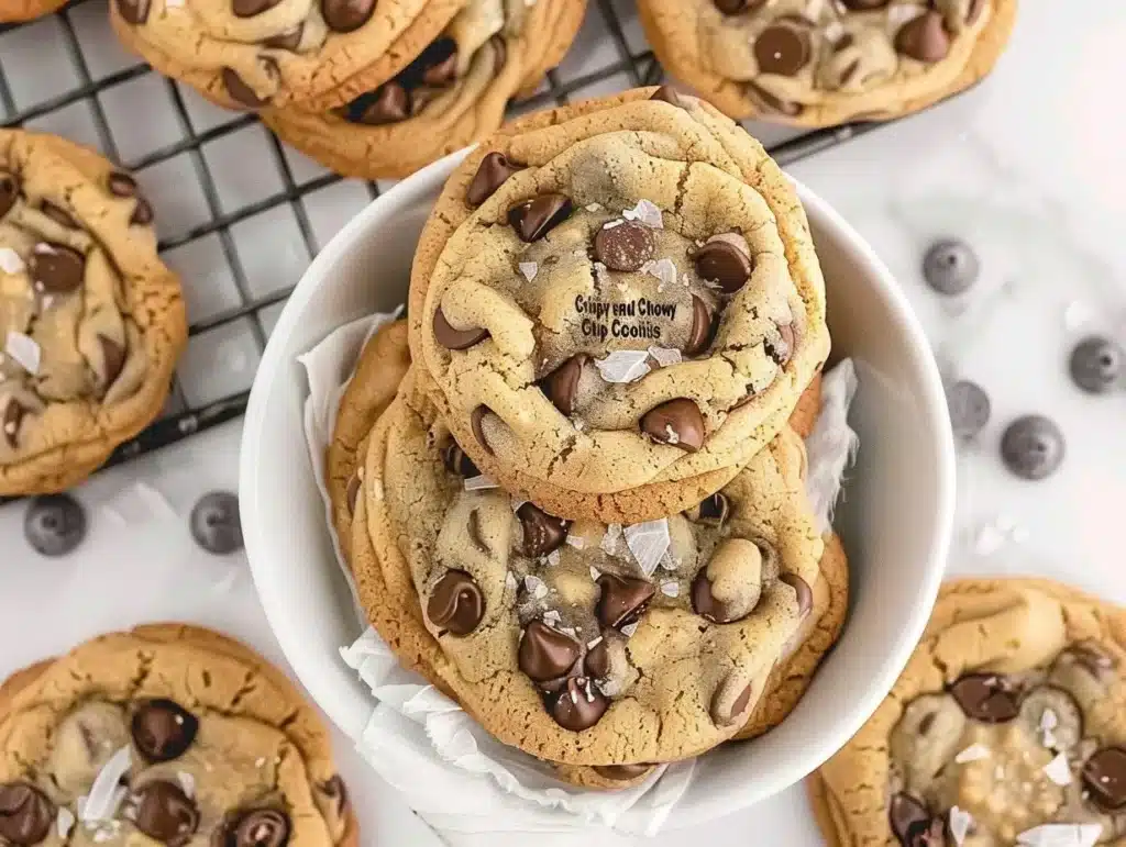 Plate of crispy and chewy chocolate chip cookies fresh out of the oven