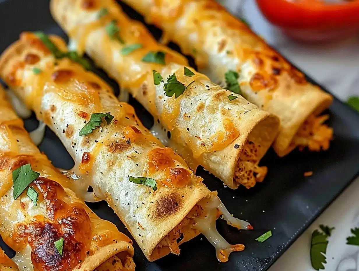 Crispy Chicken Taquitos 1 Plate of crispy chicken taquitos garnished with cilantro and salsa