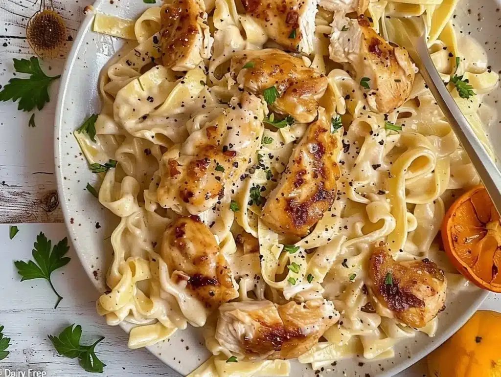 Bowl of creamy dairy-free Chicken Alfredo pasta garnished with parsley