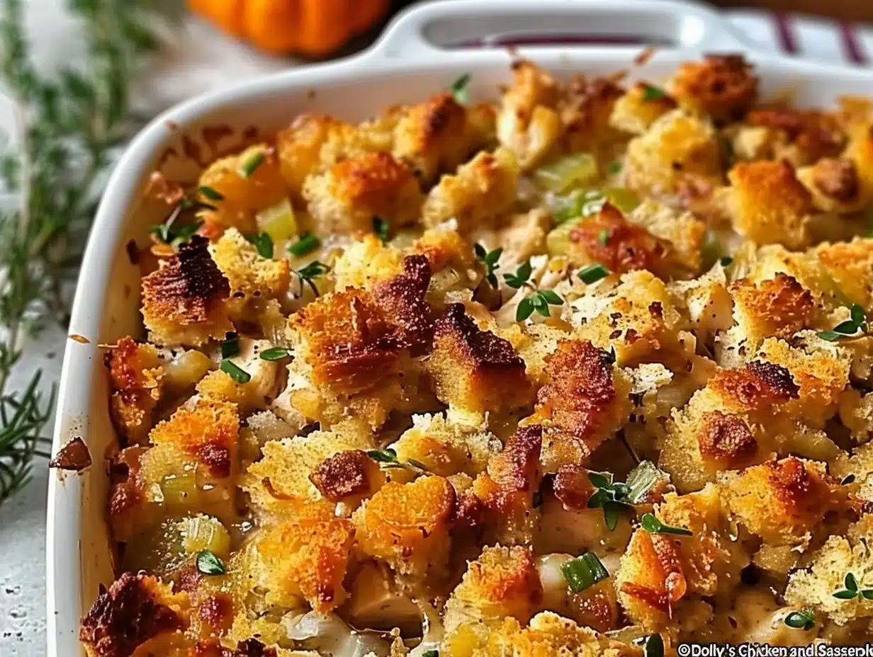 Dolly’s Chicken and Stuffing Casserole 1 Delicious Dolly's Chicken and Stuffing Casserole served in a baking dish