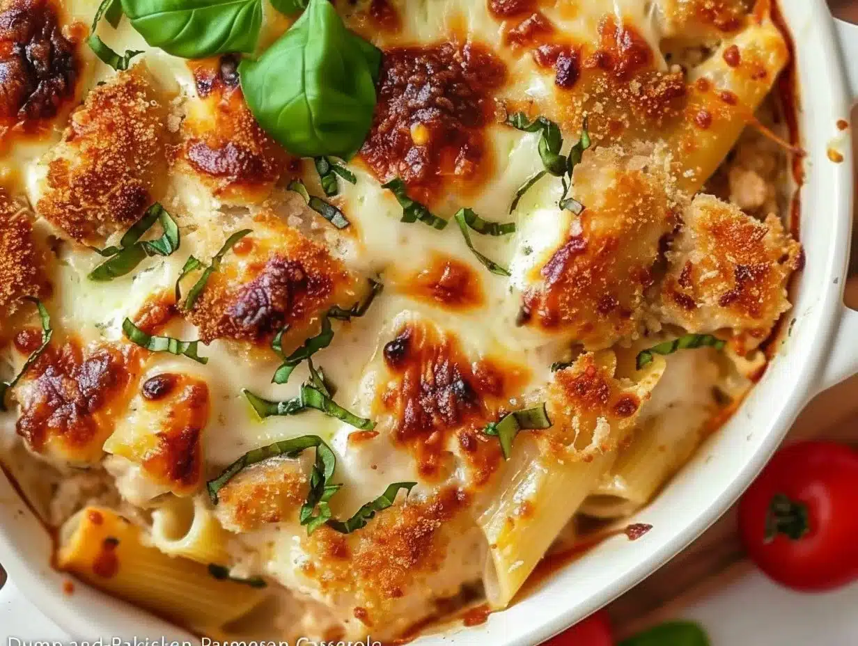 Dump-and-Bake Chicken Parmesan Casserole 1 Delicious Dump-and-Bake Chicken Parmesan Casserole served on a plate