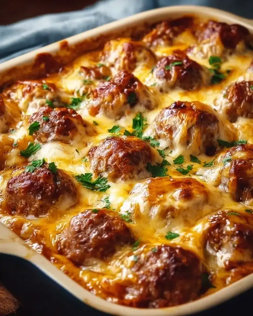 Delicious Dump-and-Bake Meatball Casserole served in a dish.