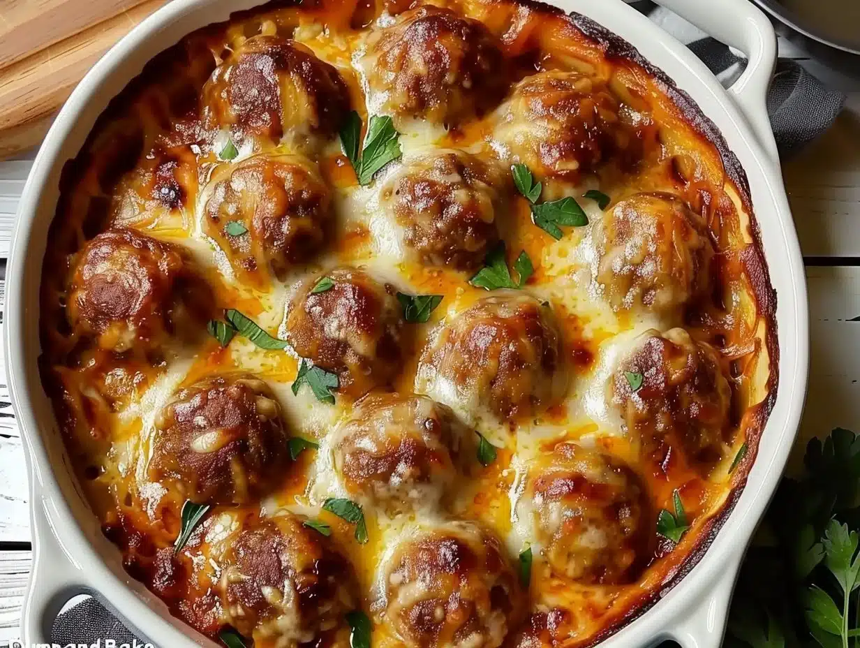Delicious dump-and-bake meatball casserole topped with cheese and herbs.