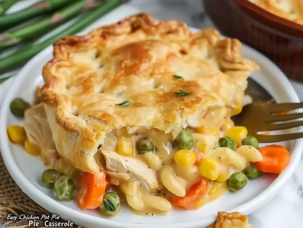 Delicious chicken pot pie casserole fresh out of the oven, ready to serve.