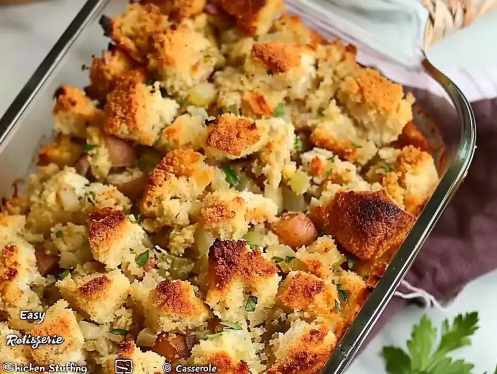 Easy Rotisserie Chicken Stuffing Casserole served in a baking dish
