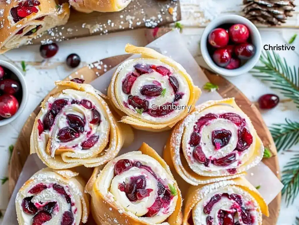 Festive Christmas Cranberry Roll Ups served on a plate with festive decorations
