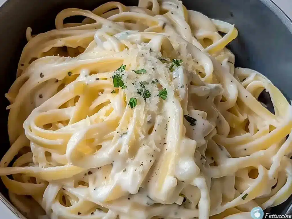 Creamy Fettuccine Alfredo pasta topped with parmesan cheese and parsley.