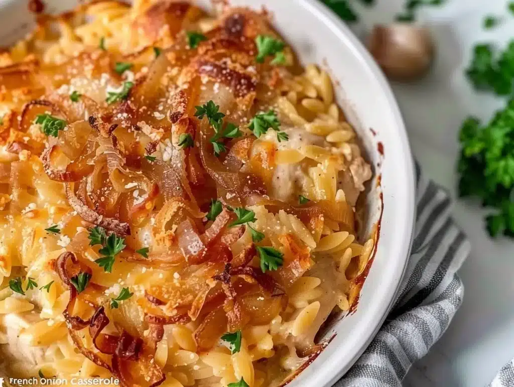French Onion Chicken Orzo Casserole topped with melted cheese and fresh herbs