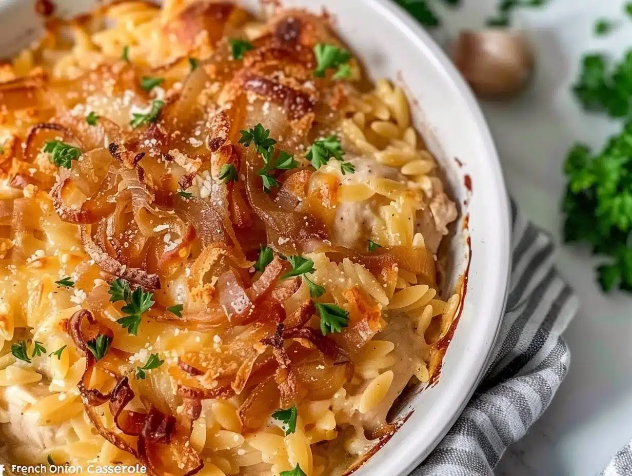 French Onion Chicken Orzo Casserole topped with melted cheese and fresh herbs