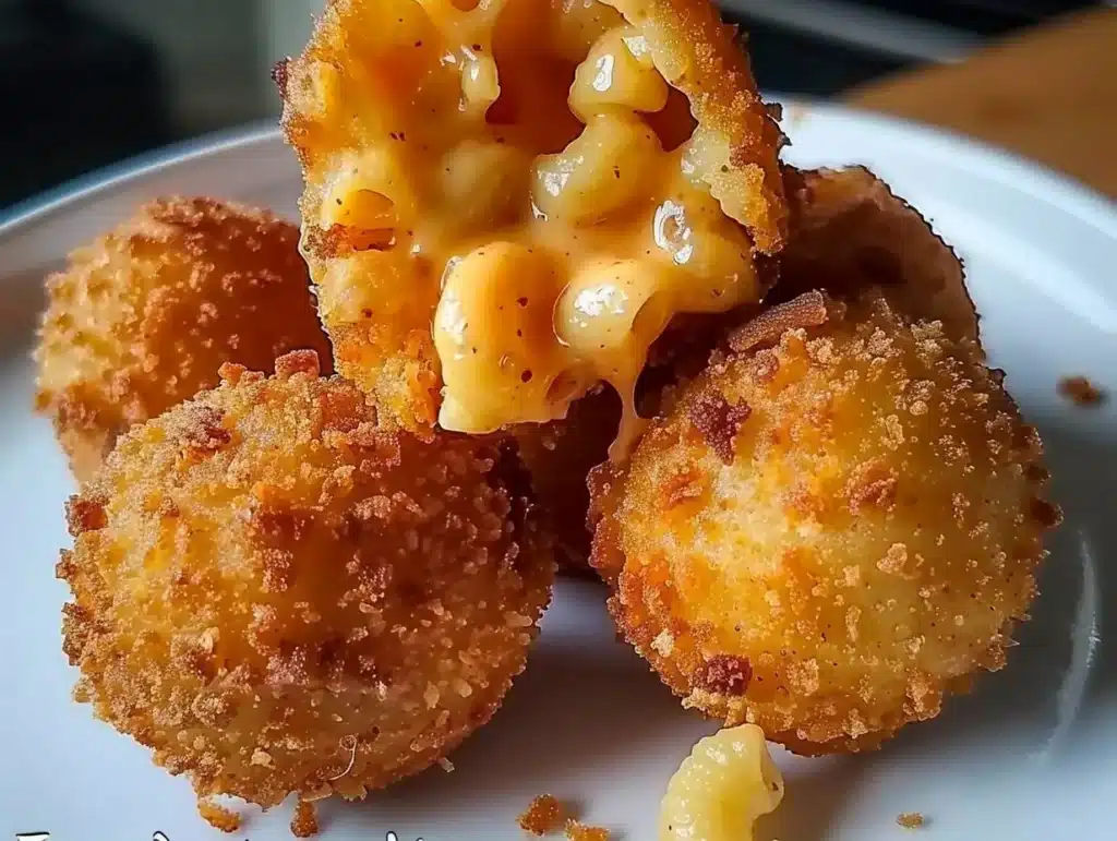Plate of golden Fried Mac and Cheese Bites served with dipping sauce.