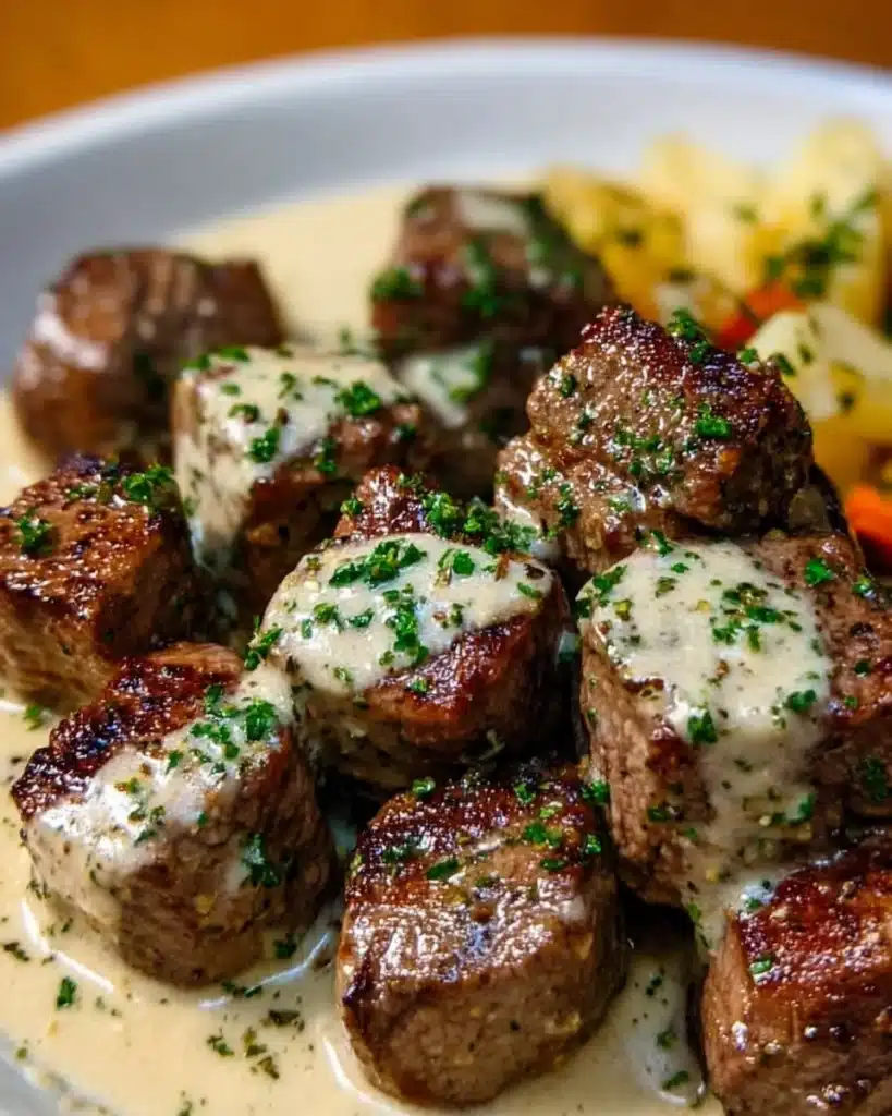 Delicious garlic butter steak bites in a creamy Parmesan sauce