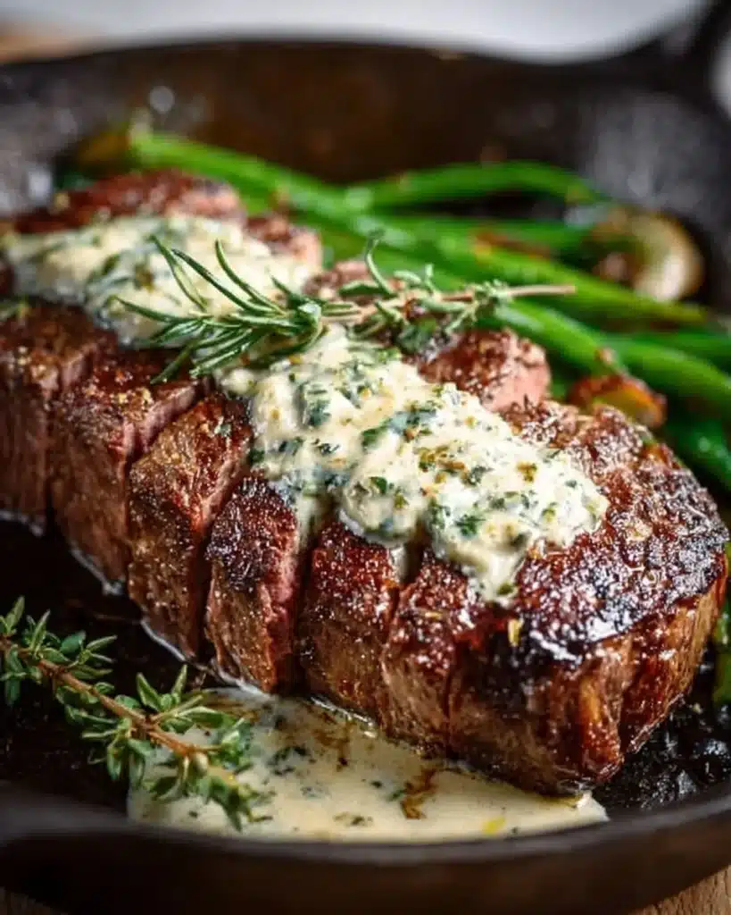 Delicious Garlic Butter Steak topped with creamy Parmesan sauce on a plate.