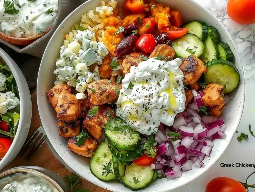 A colorful Greek Chicken Bowl filled with grilled chicken, vegetables, and feta cheese.