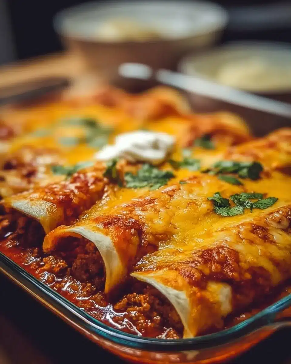 Homemade ground beef enchiladas topped with cheese and fresh ingredients