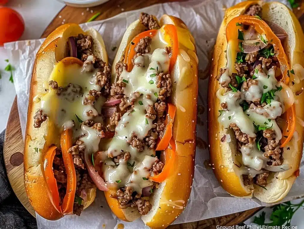 Ground Beef Philly Cheesesteaks with melted cheese, peppers, and onions on a hoagie roll.