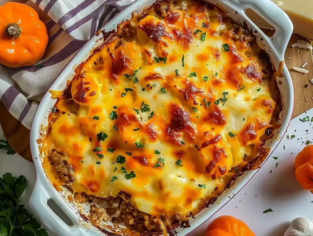 Deliciously baked hobo casserole with meat, vegetables, and cheese