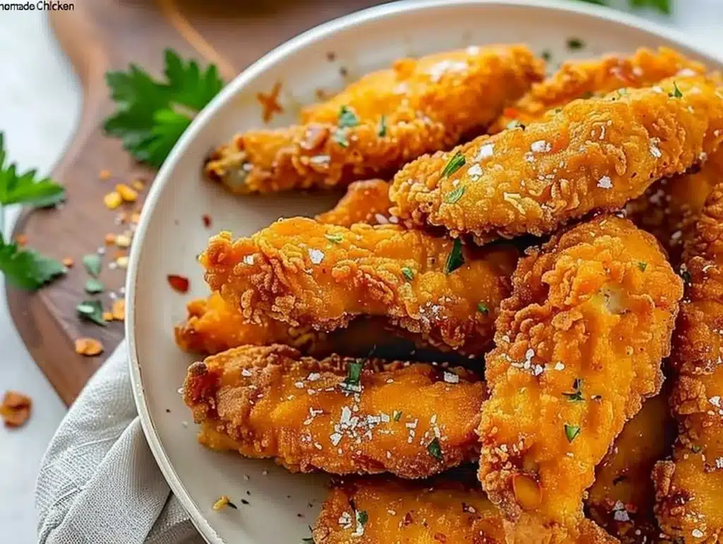Homemade baked chicken tenders on a plate with dipping sauce