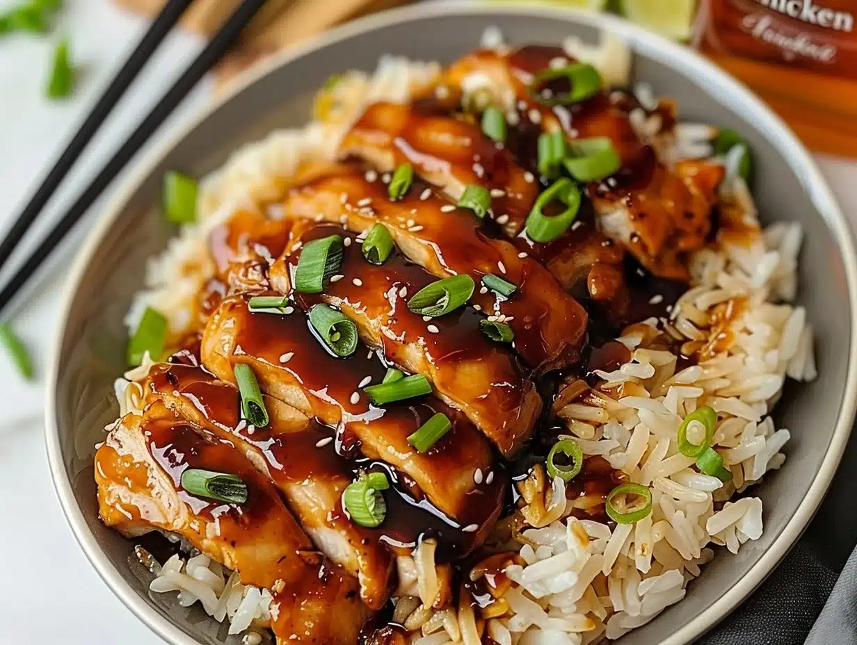 Delicious Honey BBQ Chicken served over rice with fresh herbs