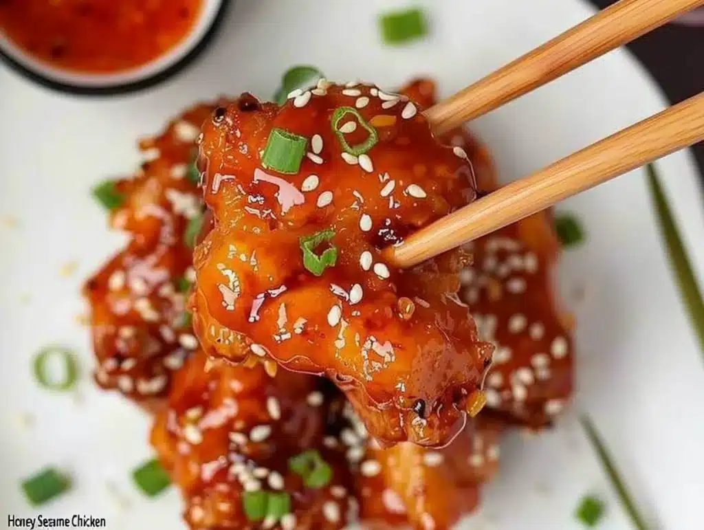 Delicious Honey Sesame Chicken with a sticky glaze and sesame seeds