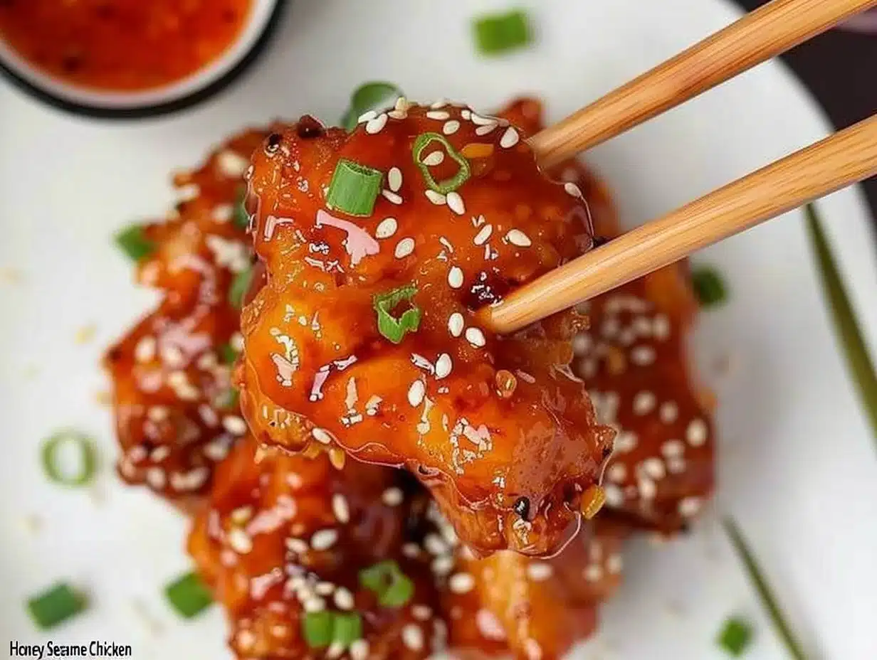 Honey Sesame Chicken 1 Delicious Honey Sesame Chicken with a sticky glaze and sesame seeds