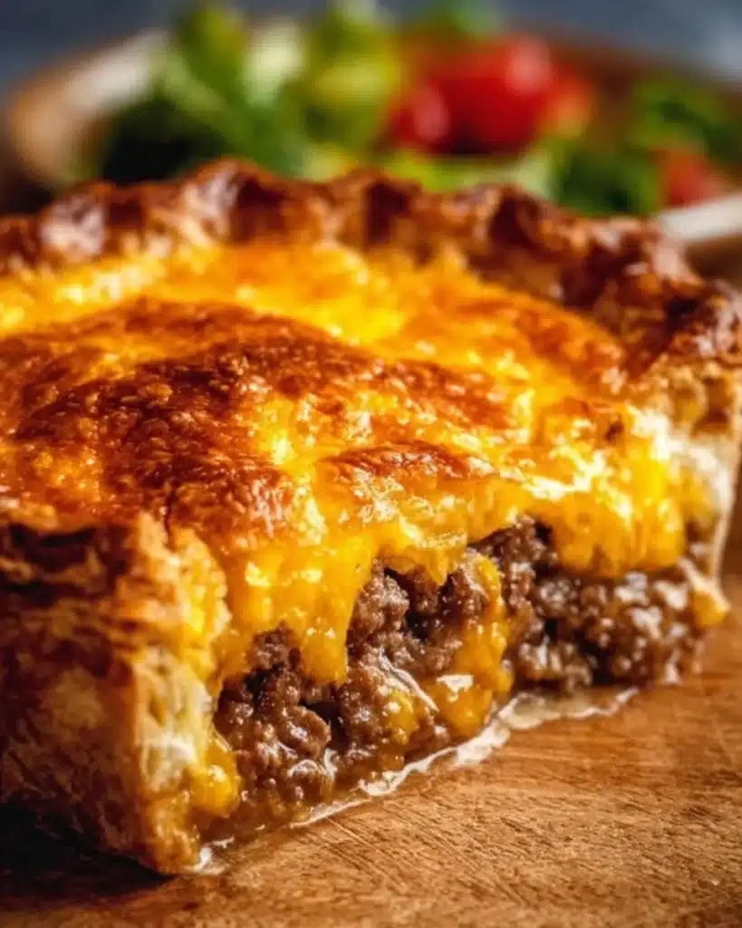 Homemade cheeseburger pie ready to be served with toppings