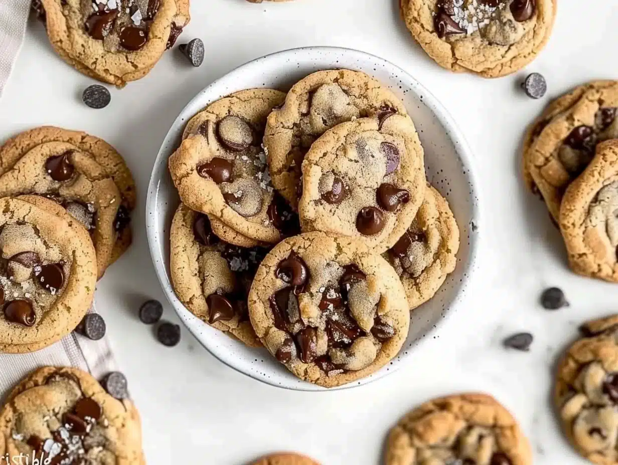 Freshly baked irresistible chewy chocolate chip cookies on a cooling rack