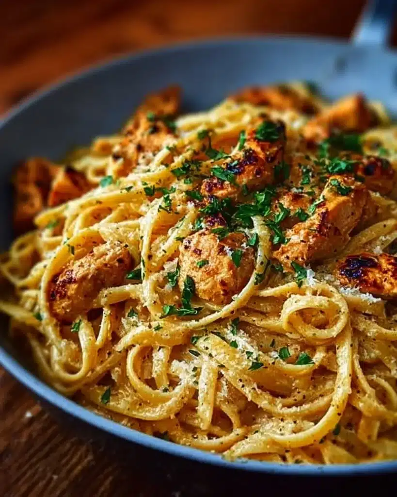 Delicious cowboy butter chicken linguine dish served in a bowl.