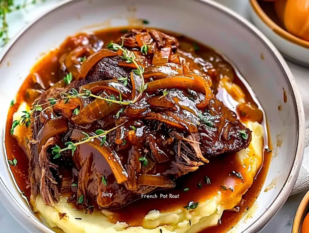 Delicious Juicy French Onion Pot Roast served with caramelized onions and herbs.