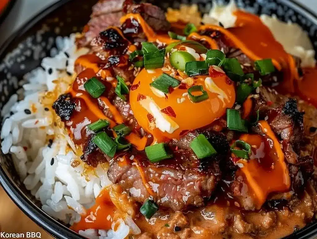 Delicious Korean BBQ steak rice bowl with fresh vegetables and aromatic spices