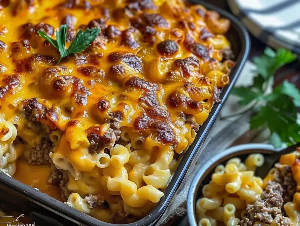 Delicious macaroni and cheese meatloaf casserole baked golden and served hot.