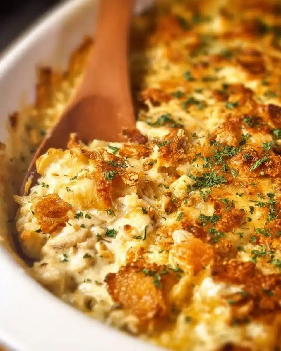 Delicious Million Dollar Chicken Casserole topped with crispy breadcrumbs and cheese