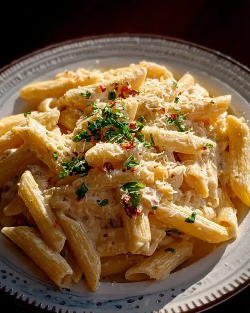 One pot creamy garlic pasta topped with parsley.
