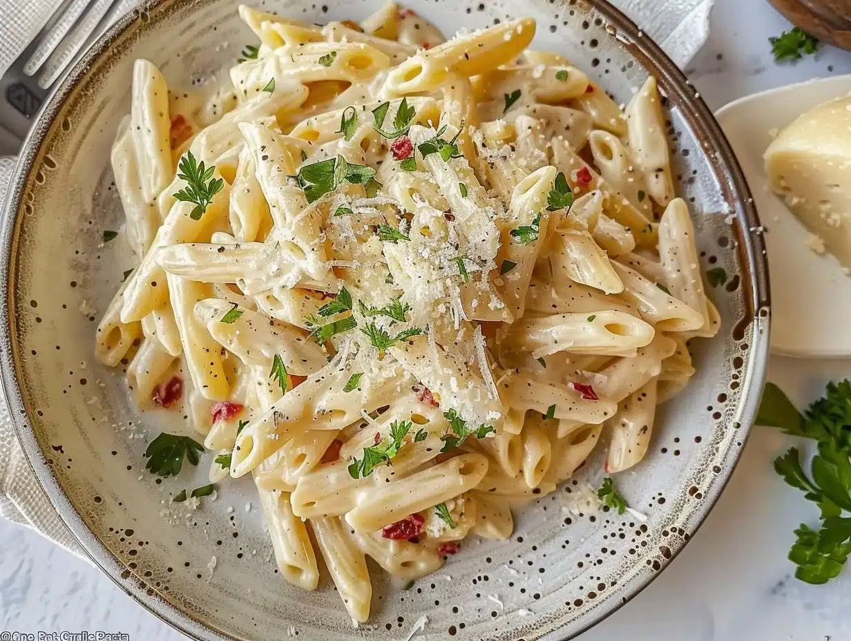 One Pot Creamy Garlic Pasta 1 One Pot Creamy Garlic Pasta dish garnished with herbs on a white plate.