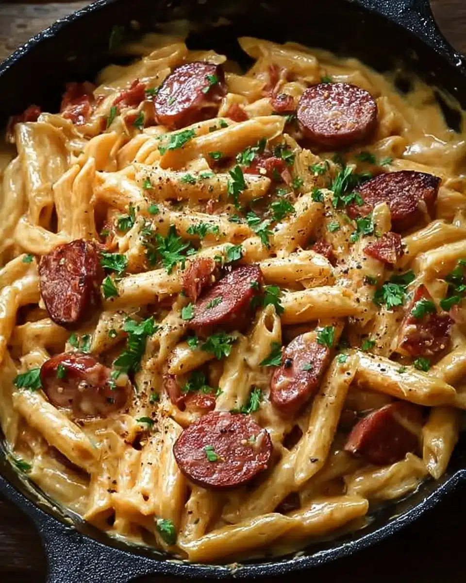 One Pot Kielbasa Pasta 1 One Pot Kielbasa Pasta dish served in a bowl with fresh herbs.
