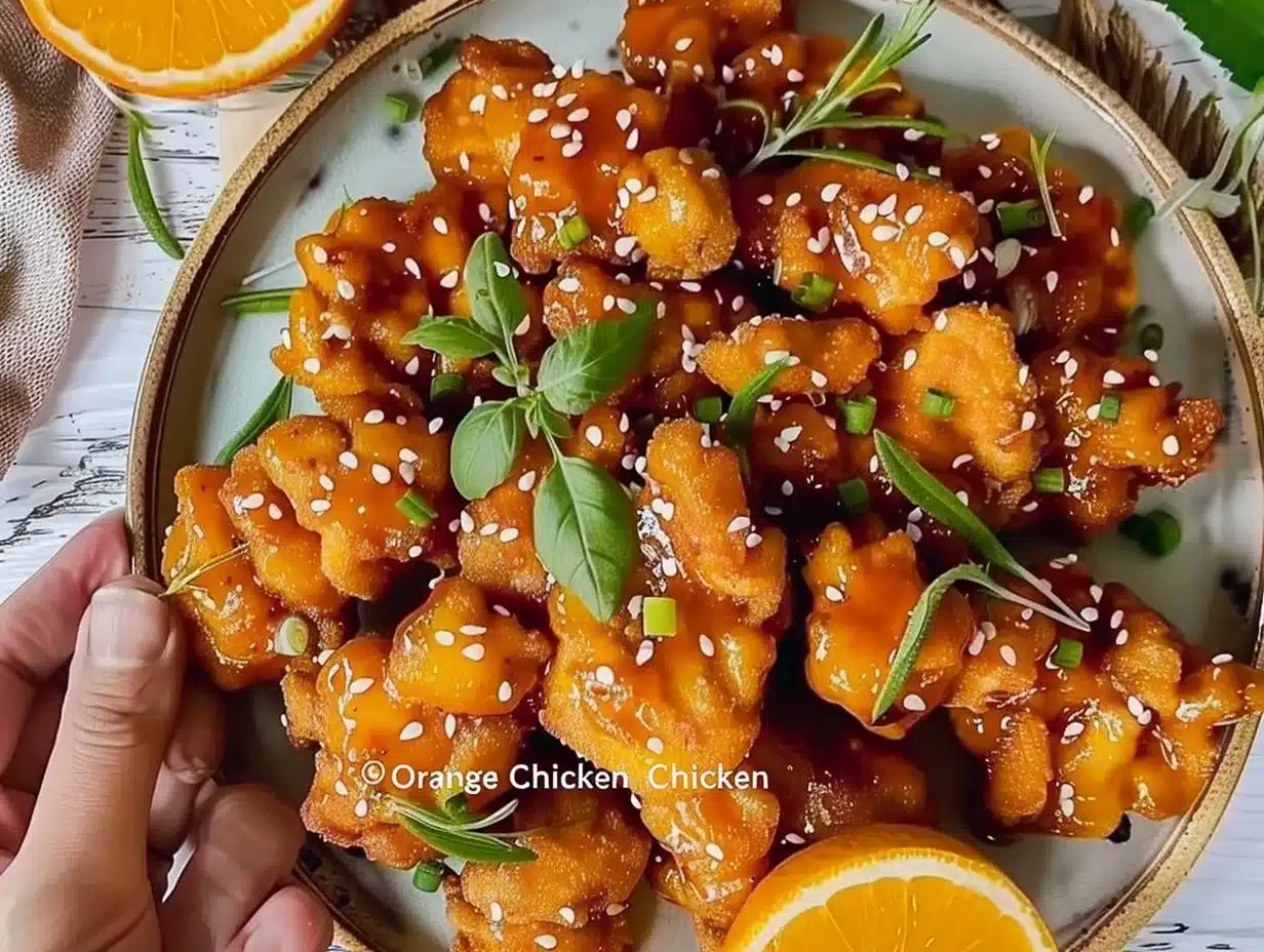 Orange Chicken 1 Delicious plate of orange chicken with vibrant sauce and garnish