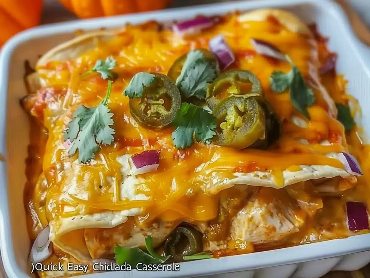Quick and easy green chile chicken enchilada casserole topped with cheese and green chiles