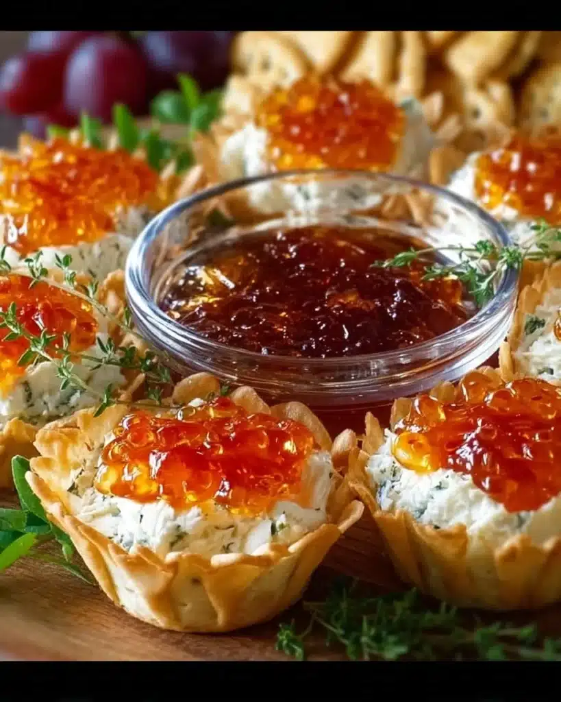 Cream cheese pepper jelly dip appetizer served with crackers