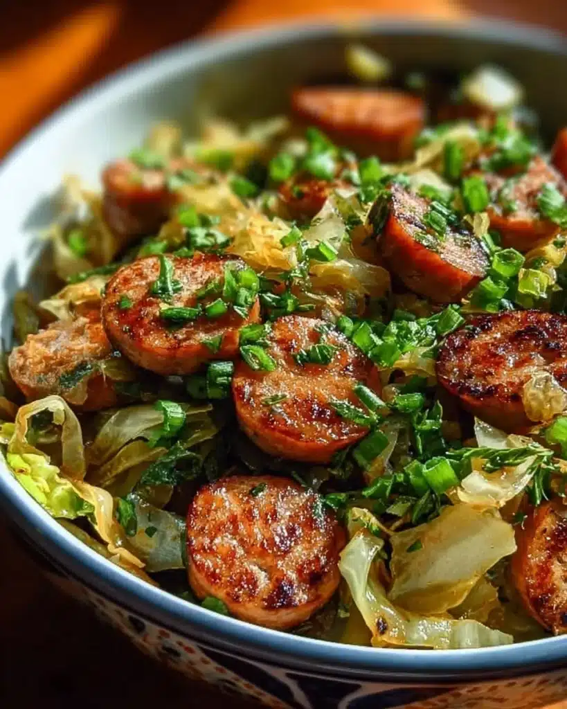 Sizzling Sausage and Cabbage Stir Fry in a skillet