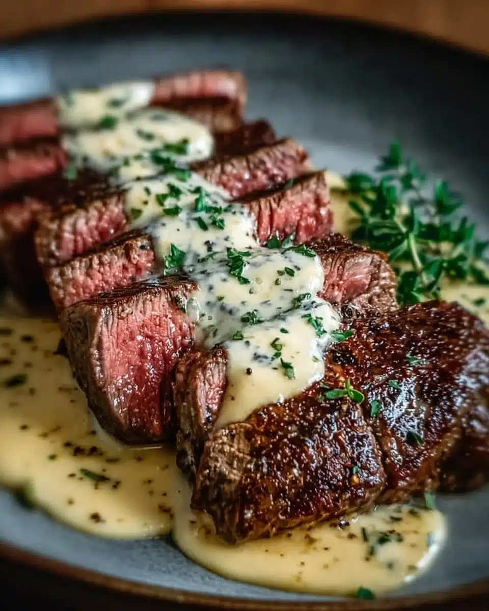 Seared steak with creamy garlic sauce served on a plate
