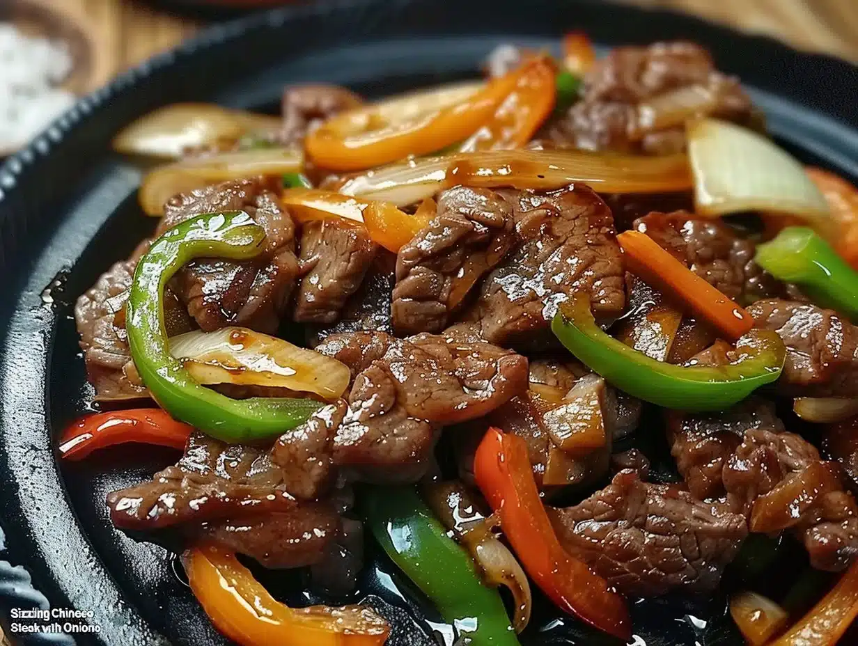 Delicious Chinese pepper steak stir-fry with onions on a plate