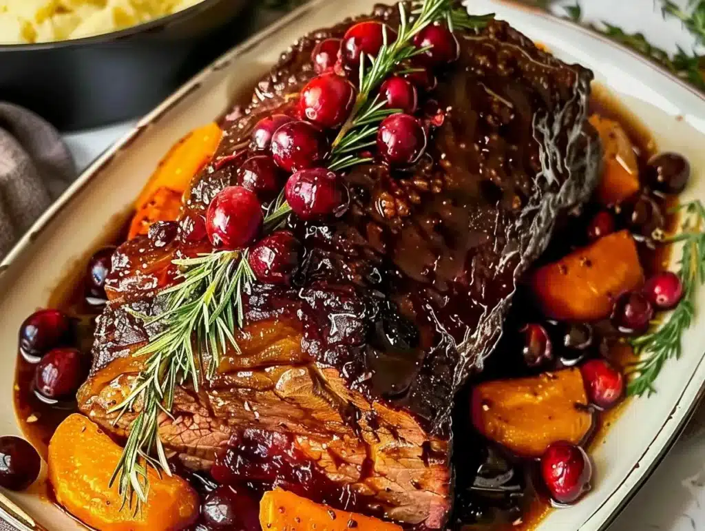 Slow-braised beef roast with cranberry balsamic glaze on a serving plate