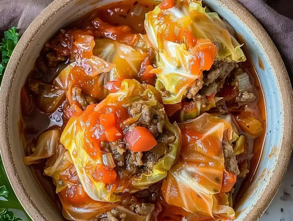 Slow Cooker Unstuffed Cabbage Rolls in a bowl with savory ingredients