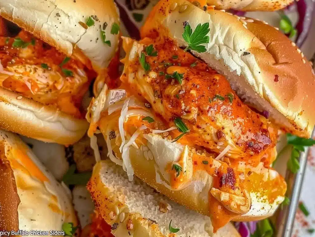 Delicious Spicy Buffalo Chicken Sliders garnished with fresh ingredients
