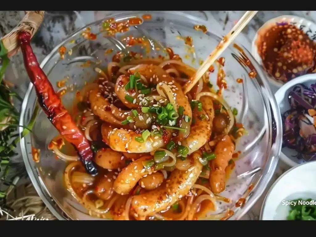A vibrant bowl of spicy potato noodles garnished with fresh herbs and spices.