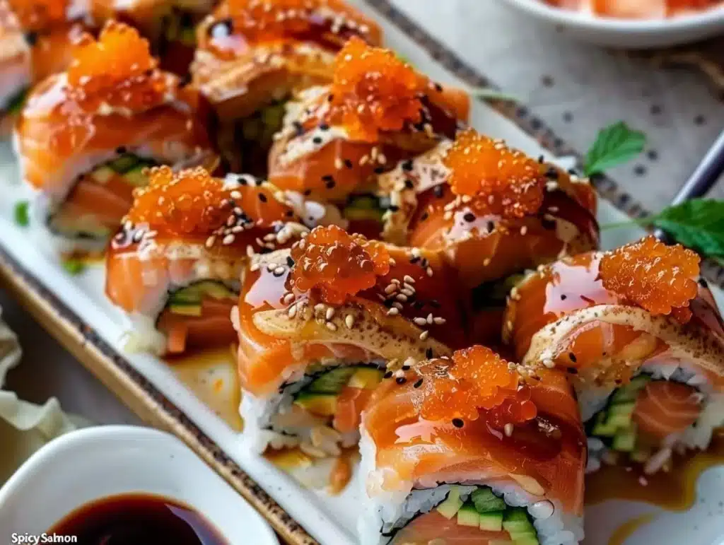 Delicious spicy salmon sushi bake ready to serve at a party