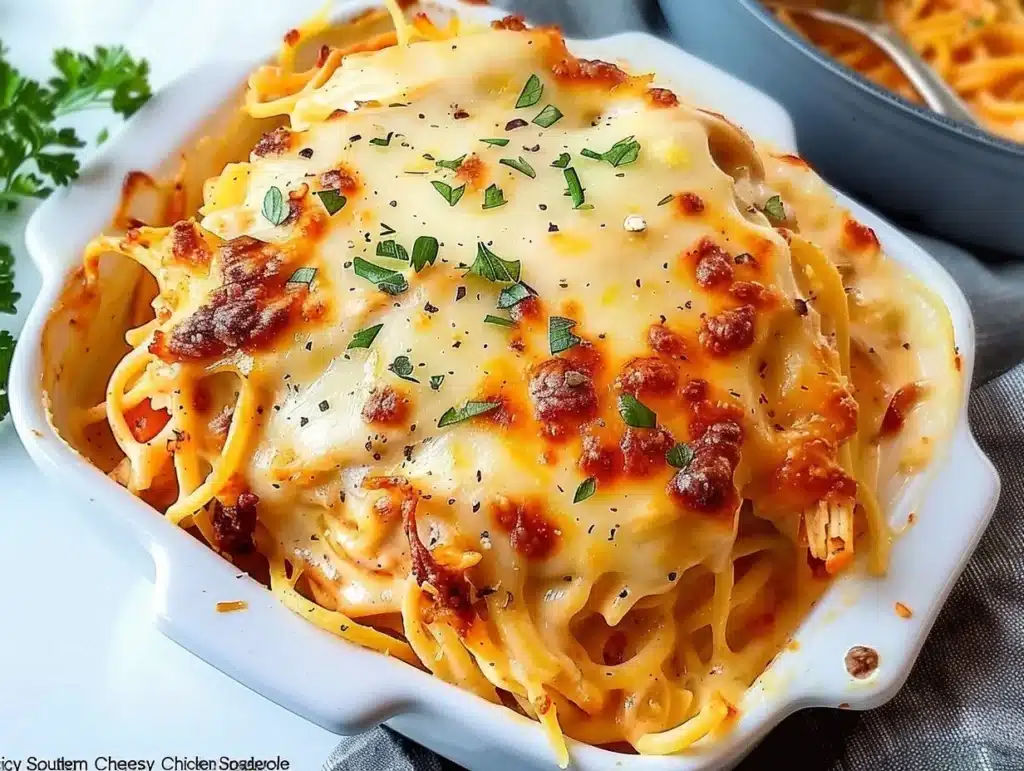 Spicy Southern Cheesy Chicken Spaghetti Casserole topped with melted cheese