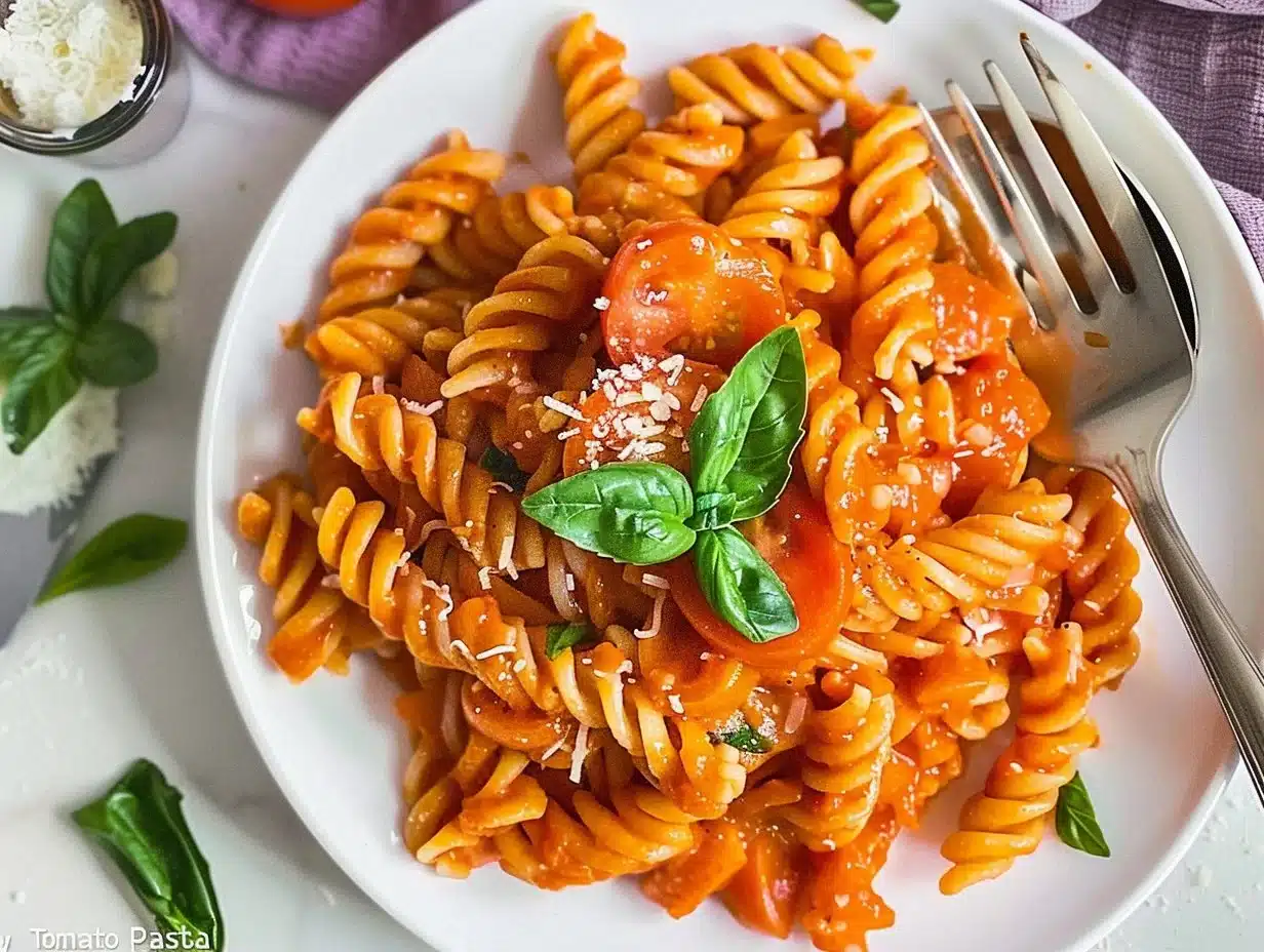 A bowl of spicy tomato pasta garnished with fresh basil and parmesan cheese.